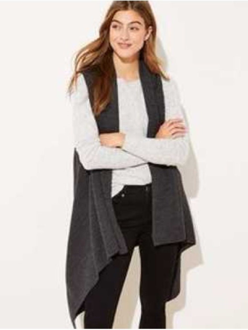 Loft Cozy Open-Front Dark dark Gray Draped ribbed  Sweater Vest